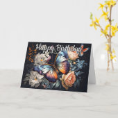 ハッピーバースデー | ヴィンテージバタフライアートワーク カード (黄色い花)