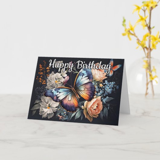 ハッピーバースデー | ヴィンテージバタフライアートワーク カード (黄色い花)