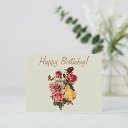 ハッピーバースデー ヴィンテージローズとバタフライ ポストカード (スタンド正面)