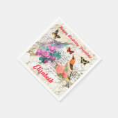 ハッピーバースデー、ヴィンテージ鳥、花古文字 スタンダードカクテルナプキン (角)