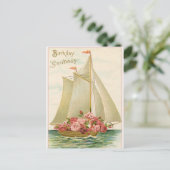 ハッピーバースデー ヴィンテージ セールボート たくさんのバラ ポストカード (スタンド正面)