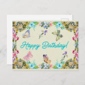 ハッピーバースデー ヴィンテージ 水彩 フラワー ポストカード (正面/裏面)