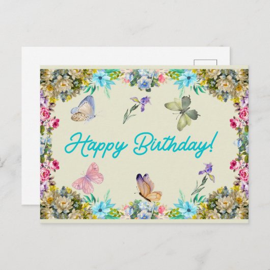 ハッピーバースデー ヴィンテージ 水彩 フラワー ポストカード (正面/裏面)