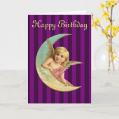 ハッピーバースデー-三日月形の月のヴィンテージの天使 カード (黄色い花)
