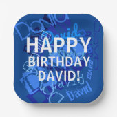 ハッピーバースデー（任意の名前）青 ペーパープレート (正面)