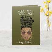 ハッピーバースデー!力を与える黒人女性オリーブグリーン カード (黄色い花)