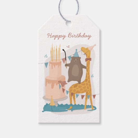 ハッピーバースデー。可愛いおもしろい動物：クマのキリン ギフトタグ (正面)