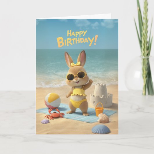 ハッピーバースデー 可愛いウサギ ビーチ 夏 誕生日 カード (正面)