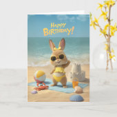 ハッピーバースデー 可愛いウサギ ビーチ 夏 誕生日 カード (黄色い花)