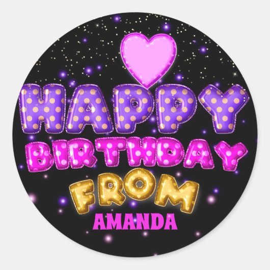 ハッピーバースデー:名前からバルーンピンク紙吹雪 ラウンドシール (正面)