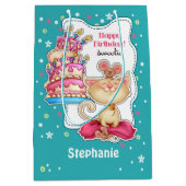 ハッピーバースデー.名前をカスタムする |おもしろい子猫とネズミ ミディアムペーパーバッグ (正面)