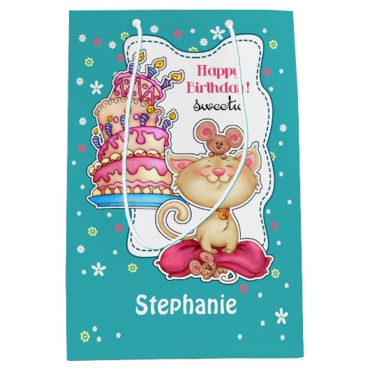 ハッピーバースデー.名前をカスタムする |おもしろい子猫とネズミ ミディアムペーパーバッグ (正面)