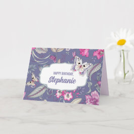 ハッピーバースデー。名前をカスタムする |花と蝶 カード