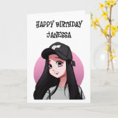 ハッピーバースデー(名前を追加)アニメガール カード (黄色い花)