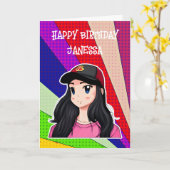 ハッピーバースデー（名前を追加）アニメガール カード (黄色い花)