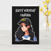 ハッピーバースデー（名前を追加）アニメガール カード (黄色い花)