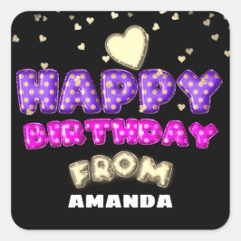 ハッピーバースデー：名前バルーンからピンクハート金ゴールド スクエアシール