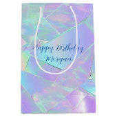 ハッピーバースデー、名前、ティール（緑がかった色）、紫の虹色 ミディアムペーパーバッグ (正面)