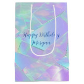 ハッピーバースデー、名前、ティール（緑がかった色）、紫の虹色 ミディアムペーパーバッグ (裏面)