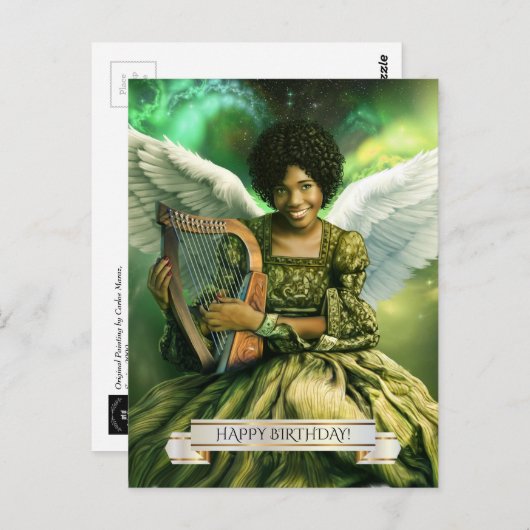 ハッピーバースデー。天使とハープ ポストカード (正面/裏面)