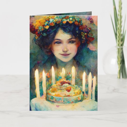 ハッピーバースデー!女の子と美しいケーキとカード カード (正面)
