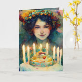 ハッピーバースデー!女の子と美しいケーキとカード カード (黄色い花)