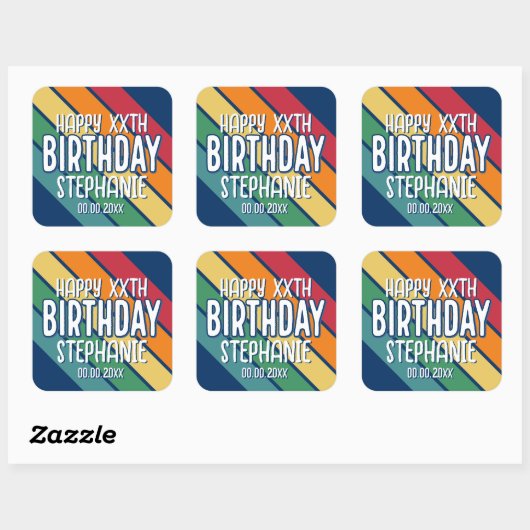 ハッピーバースデー – 年と名前を付きで追加ストライプ スクエアシール (シート)