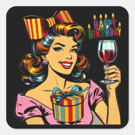 ハッピーバースデー |応援レトロ女性 スクエアシール