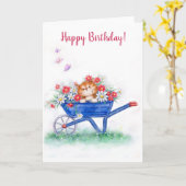 ハッピーバースデー、手押し車のかわいい猫 カード (黄色い花)