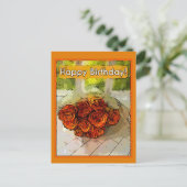 ハッピーバースデー!抽象芸術オレンジとイエローローズ ポストカード (スタンド正面)