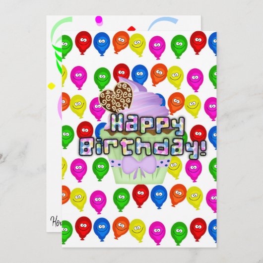 ハッピーバースデー　招待　風船　カップケーキ 招待状 (正面/裏面)