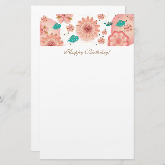 ハッピーバースデー-春のモモの花園の装飾 便箋 (正面/裏面)