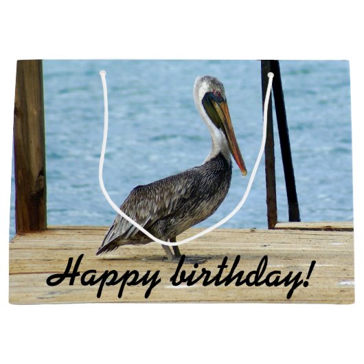 ハッピーバースデー! 桟橋の写真のペリカン、クラサオ島 ラージペーパーバッグ (正面)