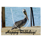 ハッピーバースデー! 桟橋の写真のペリカン、クラサオ島 ラージペーパーバッグ (裏面)