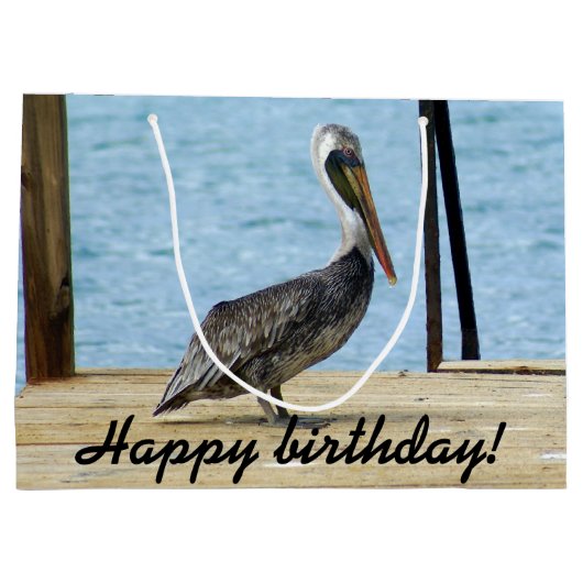 ハッピーバースデー! 桟橋の写真のペリカン、クラサオ島 ラージペーパーバッグ (裏面)
