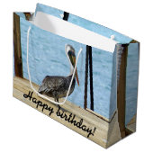 ハッピーバースデー! 桟橋の写真のペリカン、クラサオ島 ラージペーパーバッグ (正面アングル)