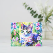 ハッピーバースデー 水彩ねこ 花 ポストカード (スタンド正面)