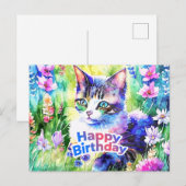ハッピーバースデー 水彩ねこ 花 ポストカード (正面/裏面)