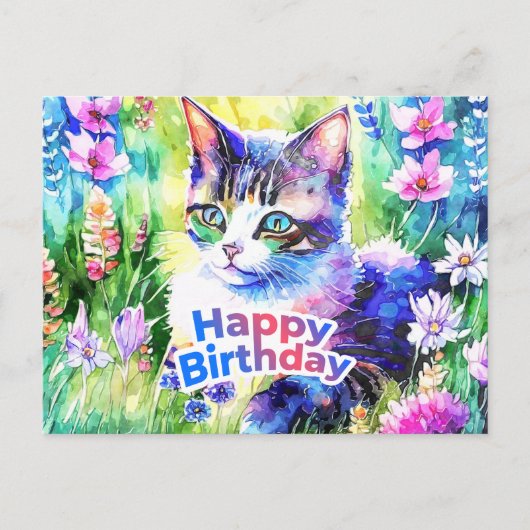 ハッピーバースデー 水彩ねこ 花 ポストカード (正面)