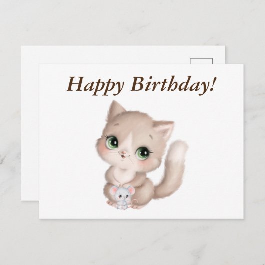 ハッピーバースデー 水彩ねずみと子猫 ポストカード (正面/裏面)