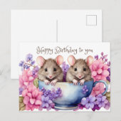 ハッピーバースデー 水彩ねずみ ティーカップの中 ポストカード (正面/裏面)