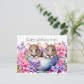 ハッピーバースデー 水彩ねずみ ティーカップ ポストカード (スタンド正面)