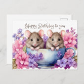 ハッピーバースデー 水彩ねずみ ティーカップ ポストカード (正面/裏面)