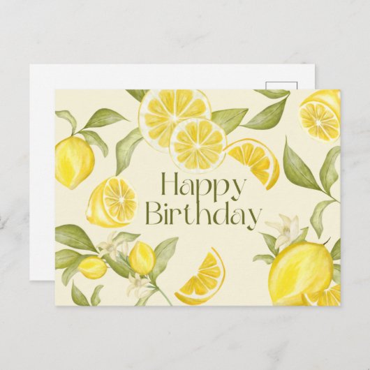 ハッピーバースデー 水彩のレモンとレモン花 ポストカード (正面/裏面)
