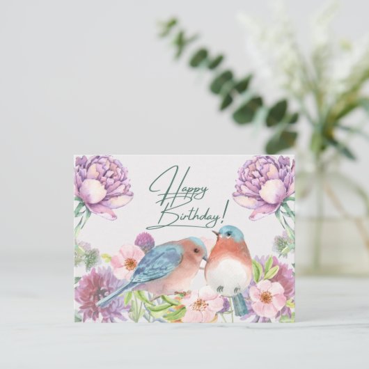 ハッピーバースデー 水彩の花と鳥たちよ ポストカード (スタンド正面)