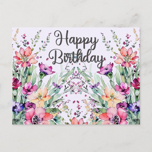 ハッピーバースデー 水彩の野生の花の野原 ポストカード (正面)