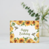 ハッピーバースデー 水彩ひまわりと鳥たち ポストカード (スタンド正面)