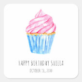 ハッピーバースデー 水彩カップケーキ かわいいピンクのアイシング スクエアシール (正面)