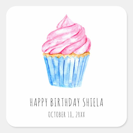 ハッピーバースデー 水彩カップケーキ かわいいピンクのアイシング スクエアシール (正面)