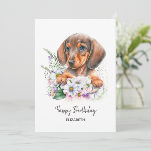 ハッピーバースデー |水彩ダックスフントと花模様 (スタンド正面)